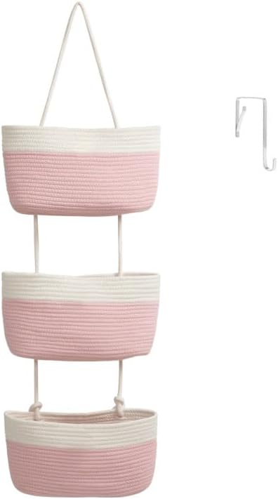 TeoKJ Over the Door Hanging Basket, 3-Tier Woven Cotton Wall-Mounted Storage Organizer Bag Decorative Hanging Nursery Baskets, Pink & White