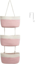 TeoKJ Over the Door Hanging Basket, 3-Tier Woven Cotton Wall-Mounted Storage Organizer Bag Decorative Hanging Nursery Baskets, Pink & White