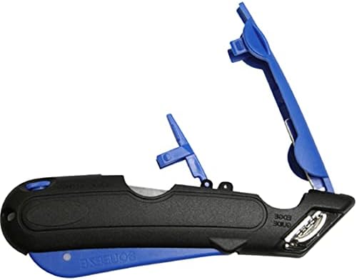 Veltec EZ-1000 Safety Box Cutter Utility Knife, 3 Blade Depth Setting, Squeeze Trigger and Dual Side Edge Guide, 2 Blades, Holster and Lanyard (Blue)