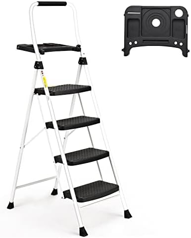 SocTone 4 Step Ladder, Folding Step Stool with Tool Platform, Sturdy& Portable Steel Ladder for Adults, 330LBS Capacity Ladder for Home Kitchen Pantry Office