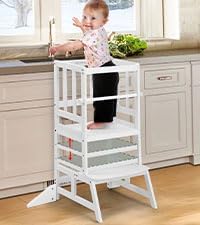 COSYLAND Kids Kitchen Step Stool, Height Adjustable Toddler Standing Tower Nursery Helper with CPC & FSC Certification, Removable Safety Railing Enjoys Exclusive Paten，White