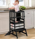 COSYLAND Toddler Standing Tower - Adjustable Height Toddler Kitchen Stool Helper - Kids Kitchen Step Stool for Learning with Removable Safety Railing Black