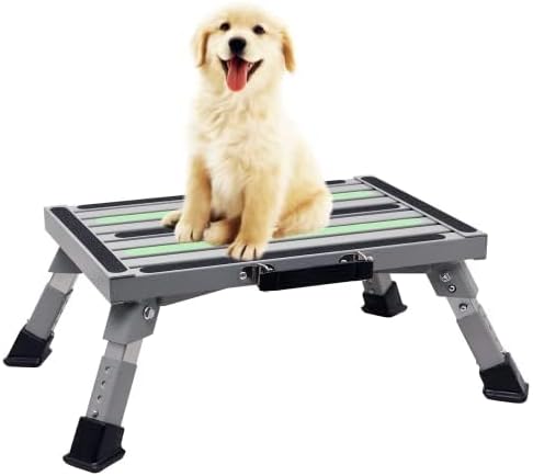 Iron RV Steps, 4-Level Adjustable Folding Step Stool with Non-Slip Rubber Feet, Non-Slip Fluorescent Strip Platform Rv Accessories, Supports Up to 1000 lbs - Gray