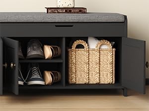 HOMEFORT 54.4" Shoe Bench with Lift Top Storage, Entryway Bench with Cushioned Seat, Wooden End of Bed Bench, Shoe Cabinet Bench with Hidden Storage Space, for Bedroom, Hallway,Black