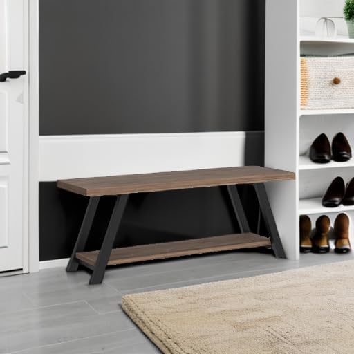 LVB Industrial Entryway Bench, Wood and Metal Storage Bench for Living Dining Room, Farmhouse Indoor Entry Way Shoe Benches Seat, Rustic Oak, 47 Inch Long