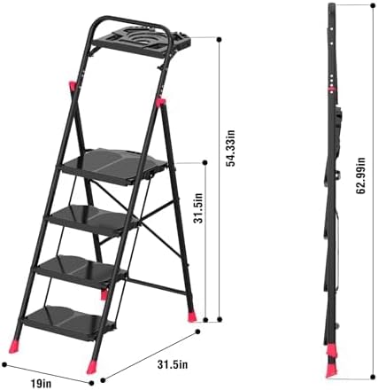 4 Step Foldable Step Ladder with Roomy Tool Tray, Platform Ladders Stepstools, Step Stool 4 Step Folding with Wide Non-Slip Pedals and 800lbs Bearing Capacity for Adults, Home, Kitchen, Black Red