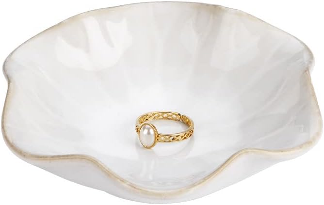 JAMEND CLXP Lotus Leaf Shape Ring Holder Dish, Small Key Bowl, Ceramic Trinket Tray Jewelry Dish Organizing Necklace Earrings for Mom Friend Sister, White. All Jewelries Are NOT Included.