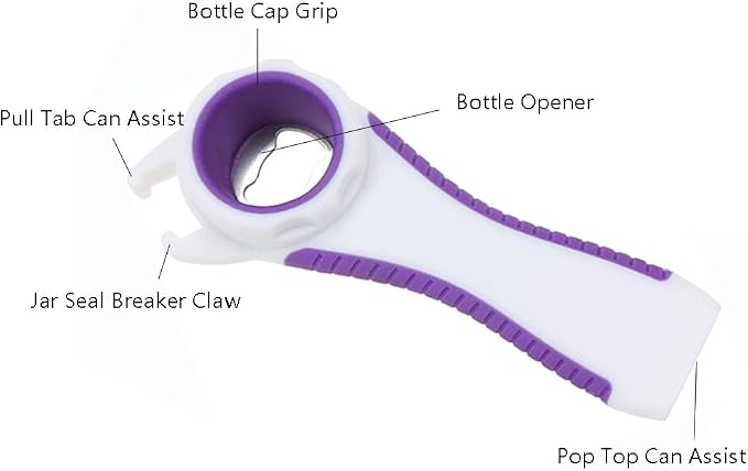 2 pcs 5 in 1 Multi-function Bottle Opener for Easily Opens Bottle Caps,Canning Lids,Can Tabs and Twist Caps (White & Purple)