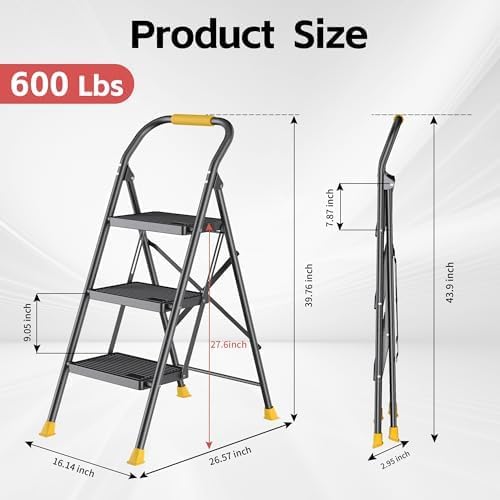 DIAMONDFORGE 3 Step Ladder Foldable Folding Stool - for Home Adults Kitchen, Iron, Black, Extension Tall Heavy Duty with Handrails - Closet Stepstool Extendable Stepladder for Indoor House 600 lbs