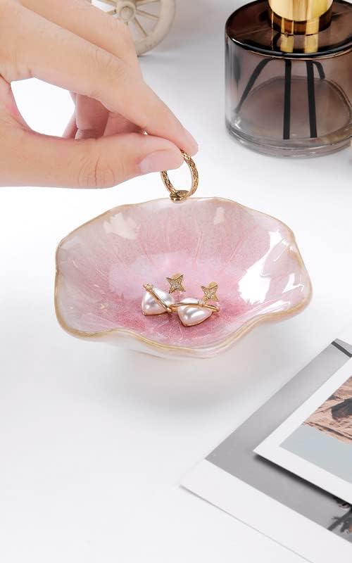 2PCS Lotus Leaf Shape Ring Holder Dish, Small Key Bowl, Ceramic Trinket Tray Jewelry Dish Organizing Necklace Earrings for Mom Friend Sister, All Jewelries Are NOT Included.Pink+Light Green.…