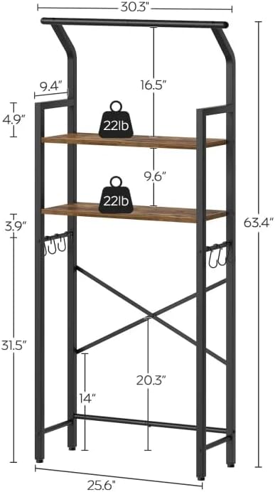 YATINEY 2-Tier Over The Toilet Storage, Multifunctional Vertical Over Toilet Bathroom Organizer, Freestanding Bathroom Storage Shelves with Hooks, Bathroom Organizer, Rustic Brown and Black TR01BR