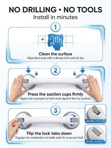Suction Grab Bars for Shower, 2 Pack 16 Inch No Drill Removable Bath Handrails - Shower Handle for Seniors & Elderly, Anti-Slip Bathroom Safety Bar, Locking Suction Cups with Seal Check (Gray)