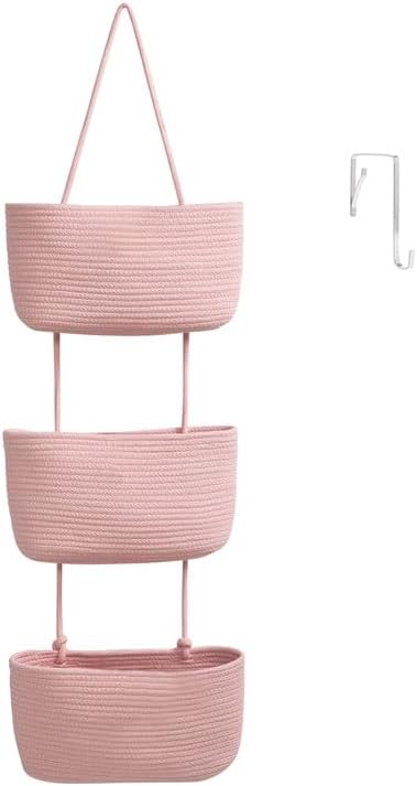 TeoKJ Over the Door Hanging Basket, 3-Tier Woven Cotton Wall-Mounted Storage Organizer Bag Decorative Hanging Nursery Baskets, Pink