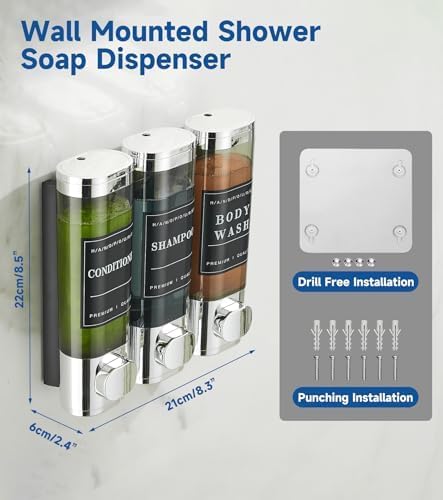 Shower Soap Dispenser Wall Mounted No Drill Shampoo Dispenser for Shower Wall Shampoo and Conditioner Dispenser Bathroom Hotel 3 * 300ml Chrome 1