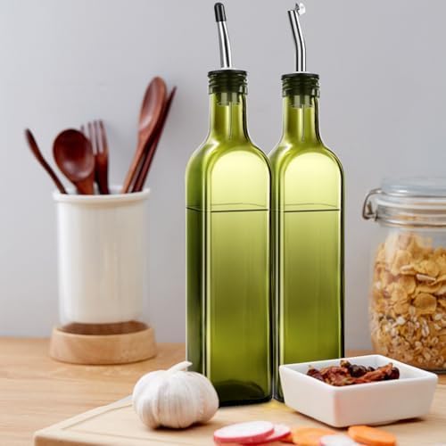 Leaflai Olive Oil Dispenser Bottle, 1 Pcs Green Glass Olive Oil Dispenser and Vinegar Dispenser Set with 2 Stainless Steel Pourers, 2Labels,1 Brush and 1 Funnel Oil Bottles for Kitchen, 17 oz(500ml)