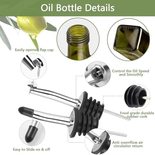 Leaflai Olive Oil Dispenser Bottle, 1 Pcs Green Glass Olive Oil Dispenser and Vinegar Dispenser Set with 2 Stainless Steel Pourers, 2Labels,1 Brush and 1 Funnel Oil Bottles for Kitchen, 17 oz(500ml)