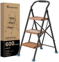 Step Ladder Foldable Folding Stool - for Home Adults Kitchen 3 Stepping Extension Tall Heavy Duty with Handrails - Closet Stepstool Stair Ladders Extendable Stepladder for Indoor House 600Lbs