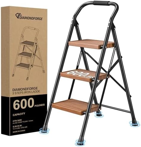 Step Ladder Foldable Folding Stool - for Home Adults Kitchen 3 Stepping Extension Tall Heavy Duty with Handrails - Closet Stepstool Stair Ladders Extendable Stepladder for Indoor House 600Lbs