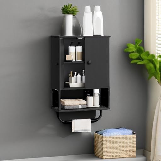MAHANCRIS Bathroom Wall Cabinet with 2 Door and Adjustable Shelf, Farmhouse Medicine Cabinet with Towel Rack, 3-Tier Wall Mounted Storage Cabinet Over The Toilet for Bathroom Laundry Room, Black