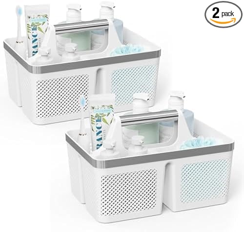 BYUNER 2Pack Shower Caddy Dorm: Portable Bathroom Caddy Organizer with Handle and Holes, Plastic Cleaning Caddy, Hard Shower Basket Storage Tote for Toiletry, College Dorm Room Essentials White/Silver