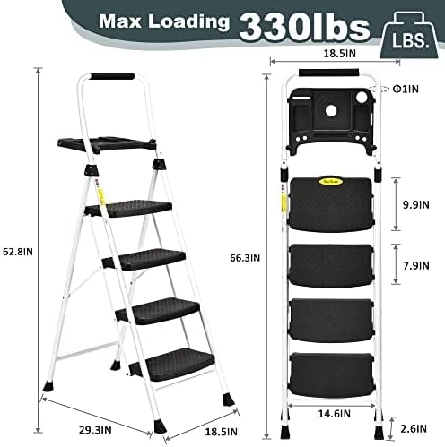 SocTone 4 Step Ladder, Folding Step Stool with Tool Platform, Sturdy& Portable Steel Ladder for Adults, 330LBS Capacity Ladder for Home Kitchen Pantry Office