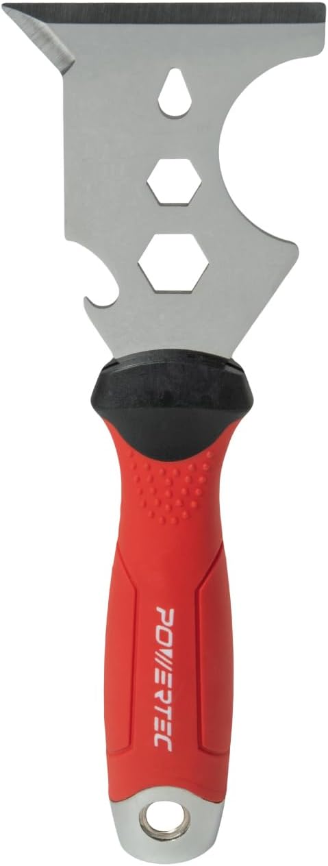 POWERTEC 9-in-1 Painter's Tool w/ 3 Inch Stainless Steel Putty Knife | Straight Scraper, Grout Remover, Roller Cleaning, Can Opener, Bottle Opener, Nail Puller, Screwdriver, 3/8" & 1/4" Wrench (72067)