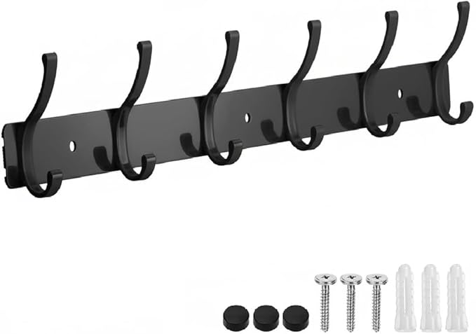 Dntorx Coat Rack Wall Mount, 1 Pack Coat Hooks Hanger Wall Double Hook Rack Rail Towel Hat Rack Entryway Bathroom Hanger Organizer for Robes, Clothes, Bags, Hat(Black)