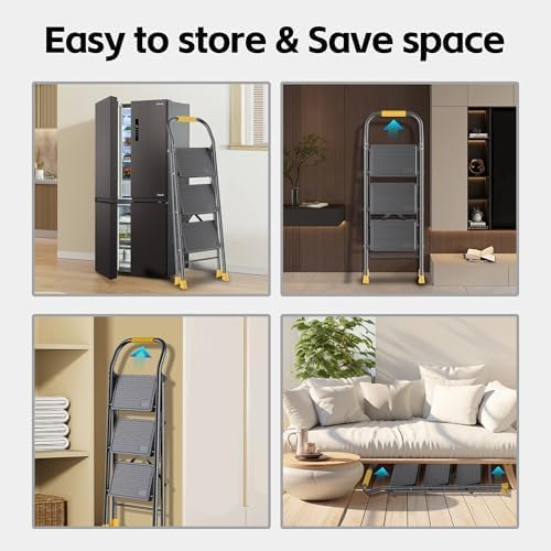 DIAMONDFORGE 3 Step Ladder Foldable Folding Stool - for Home Adults Kitchen, Iron, Black, Extension Tall Heavy Duty with Handrails - Closet Stepstool Extendable Stepladder for Indoor House 600 lbs