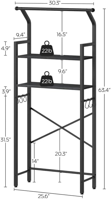 YATINEY 2-Tier Over The Toilet Storage, Multifunctional Vertical Over Toilet Bathroom Organizer, Freestanding Bathroom Storage Shelves with Hooks, Bathroom Organizer, Rustic Brown and Black TR01BB