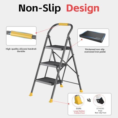 DIAMONDFORGE 3 Step Ladder Foldable Folding Stool - for Home Adults Kitchen, Iron, Black, Extension Tall Heavy Duty with Handrails - Closet Stepstool Extendable Stepladder for Indoor House 600 lbs