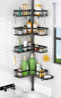 HAMITOR Shower Caddy Tension Pole: 4-Tier Corner Bathroom Organizer Shelf with Soap Holder & Hooks - No-Drill Adjustable Standing Storage Rack for Apartment Renters - 47-123 Inch Black