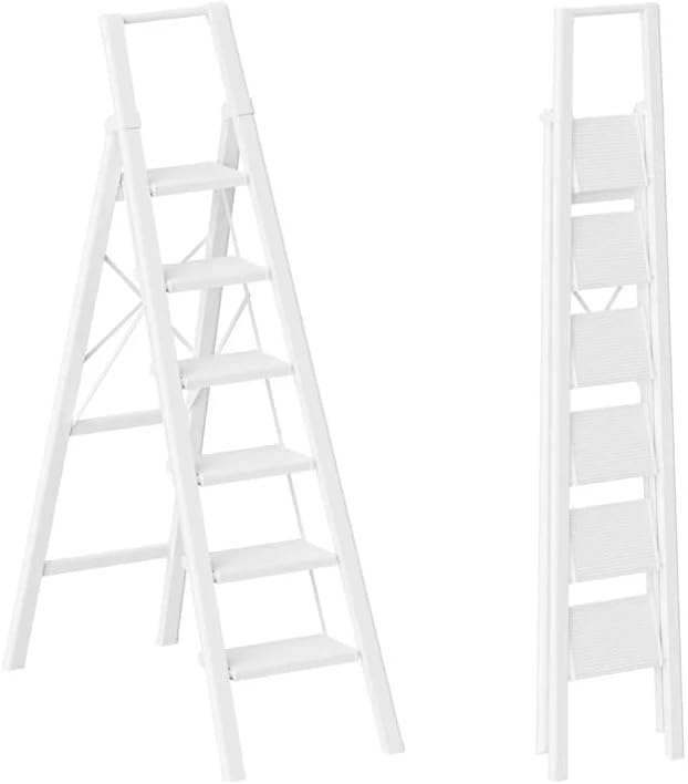 6 Step Ladder for 12 Feet High Ceiling, Lightweight Aluminum Folding Step Stool with Convenient Handgrip, Stepladders with Anti-Slip and Wide Pedal for Home Use Space Saving - White