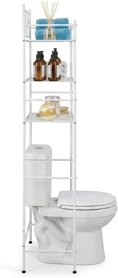 Home Zone Living Over-the-Toilet Bathroom Storage Organizer with 3-Tier Shelves and Adjustable Feet, Freestanding Steel Frame Design, White