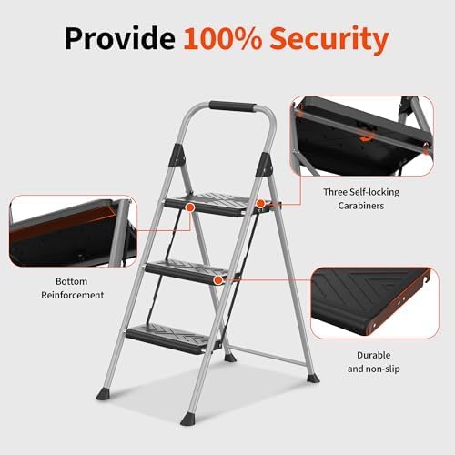 DIAMONDFORGE 3-Step Folding Ladder, Non-Slip Wide Pedal Step Stool with Soft Handle and Stable Feet, Heavy-Duty Steel Structure, 900lbs Capacity, Foldable Design for Home and Office, Grey