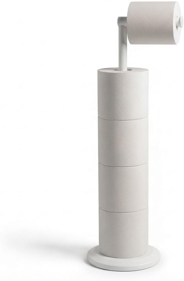 ZISH Toilet Roll Holder Free Standing - Stainless Steel Bathroom Toilet Paper Organizer and Dispenser – No Drill Toilet Roll Stand Freestanding - Up to 5 Toilet Roll Storage, White