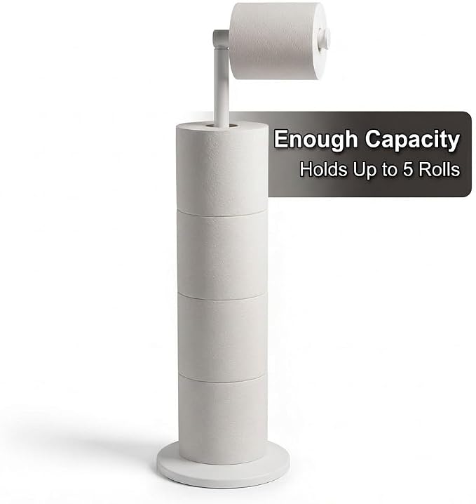 ZISH Toilet Roll Holder Free Standing - Stainless Steel Bathroom Toilet Paper Organizer and Dispenser – No Drill Toilet Roll Stand Freestanding - Up to 5 Toilet Roll Storage, White
