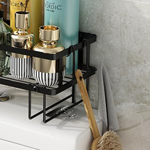 Godboat Bathroom Organizer - Over Toilet Storage, Floating Shelves with 2 Hooks, Wall Mounted Shelf Rack, Behind and Above the Tank, Gifts for Women (Black, 1-Tier)