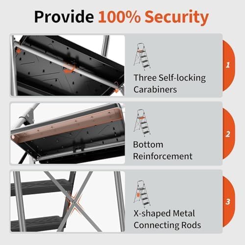 DIAMONDFORGE 4 Step Ladder, Folding Step Stool with Anti-Slip Wide Pedal, Soft Handle, Anti-Slip Feet, Heavy-Duty Steel Construction, 900lbs Capacity Steel Ladder for Home Office, Grey