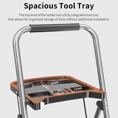 DIAMONDFORGE 3-Step Ladder Folding Step Stool with Tool Platform & Anti-Slip Wide Pedal, Heavy Duty Steel Construction, 600 lbs Capacity for Home & Office, Grey
