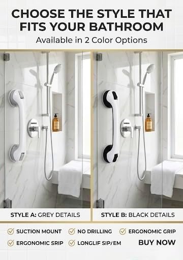 Suction Grab Bars for Shower, 2 Pack 16 Inch No Drill Removable Bath Handrails - Shower Handle for Seniors & Elderly, Anti-Slip Bathroom Safety Bar, Locking Suction Cups with Seal Check (Gray)
