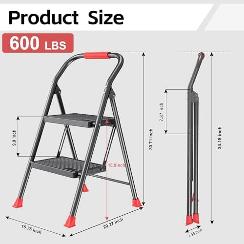 Step Ladder Foldable Folding Stool - for Home Adults Kitchen 2 Stepping Extension Tall Heavy Duty with Handrails - Closet Stepstool Stair Ladders Extendable Stepladder for Indoor House 600Lbs