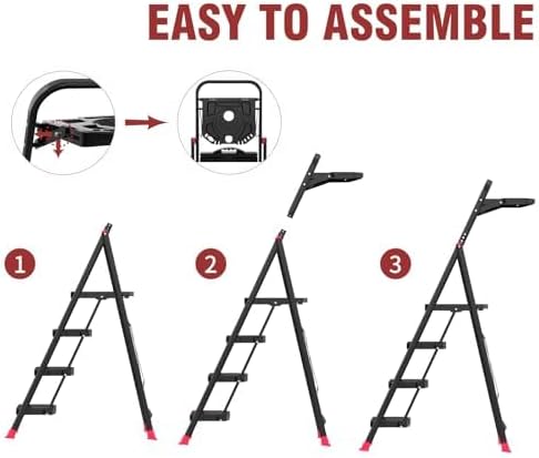 4 Step Foldable Step Ladder with Roomy Tool Tray, Platform Ladders Stepstools, Step Stool 4 Step Folding with Wide Non-Slip Pedals and 800lbs Bearing Capacity for Adults, Home, Kitchen, Black Red