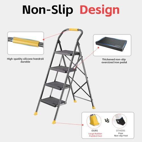 DIAMONDFORGE 4 Step Ladder Foldable Folding Stool - for Home Adults Kitchen, Iron, Black & Yellow, Extension Tall Heavy Duty with Handrails, Closet Stepstool Extendable Stepladder for Indoors, 600 lbs