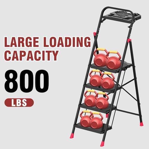 4 Step Foldable Step Ladder with Roomy Tool Tray, Platform Ladders Stepstools, Step Stool 4 Step Folding with Wide Non-Slip Pedals and 800lbs Bearing Capacity for Adults, Home, Kitchen, Black Red
