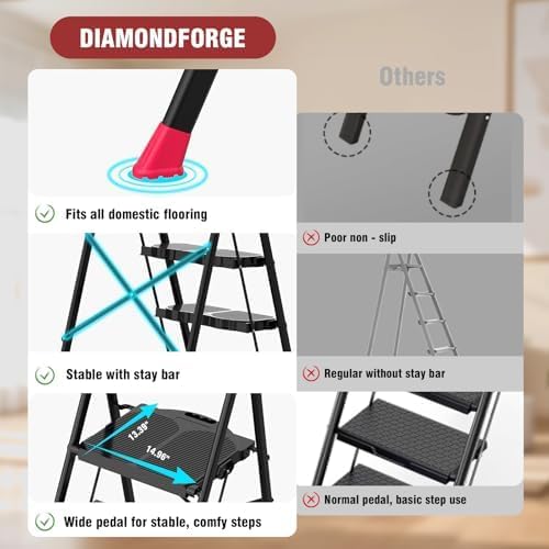 4 Step Foldable Step Ladder with Roomy Tool Tray, Platform Ladders Stepstools, Step Stool 4 Step Folding with Wide Non-Slip Pedals and 800lbs Bearing Capacity for Adults, Home, Kitchen, Black Red