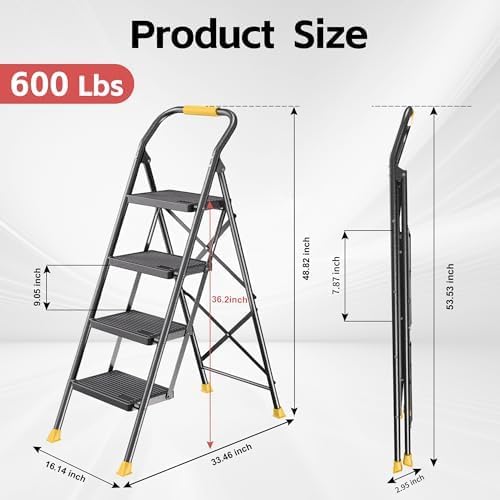 DIAMONDFORGE 4 Step Ladder Foldable Folding Stool - for Home Adults Kitchen, Iron, Black & Yellow, Extension Tall Heavy Duty with Handrails, Closet Stepstool Extendable Stepladder for Indoors, 600 lbs