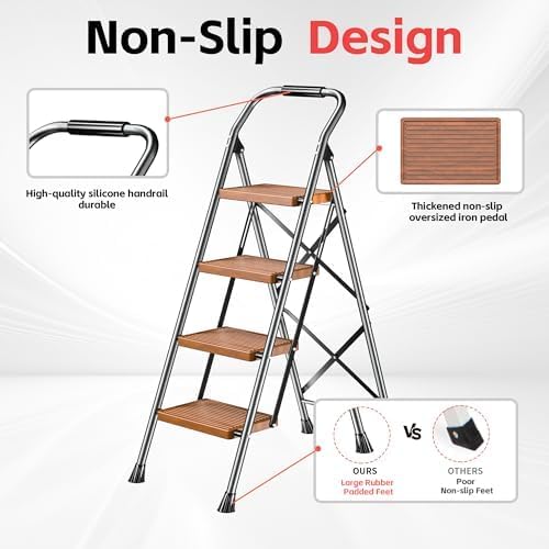 Step Ladder Foldable Folding Stool - for Home Adults Kitchen 4 Stepping Extension Tall Heavy Duty with Handrails - Closet Stepstool Stair Ladders Extendable Stepladder for Indoor House 600Lbs