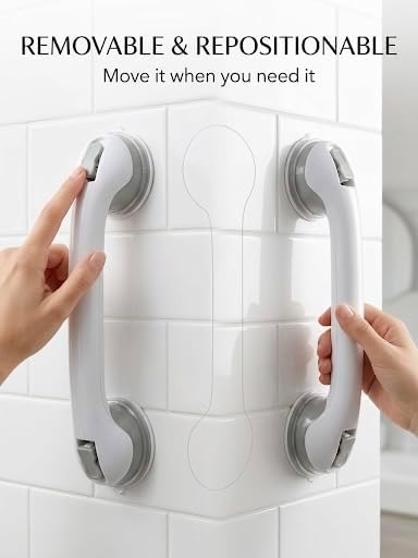 Suction Grab Bars for Shower, 2 Pack 16 Inch No Drill Removable Bath Handrails - Shower Handle for Seniors & Elderly, Anti-Slip Bathroom Safety Bar, Locking Suction Cups with Seal Check (Gray)