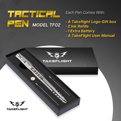 Tactical Pen – Self Defense Survival EDC Pen with LED Flashlight, Glass Breaker & Bottle Opener – Military Multitool Pen for Men & Women – Veteran-Owned TakeFlight – 2 Ink Refills + Extra Battery
