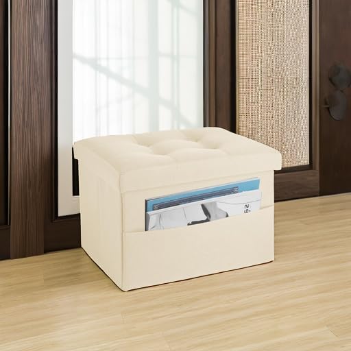 LINMAGCO Storage Ottoman Folding Foot Stool Foot Rest with Side Pocket Modern Ottoman with Storage Short Sofa Stool Linen Cloth 17x13x13(Beige)